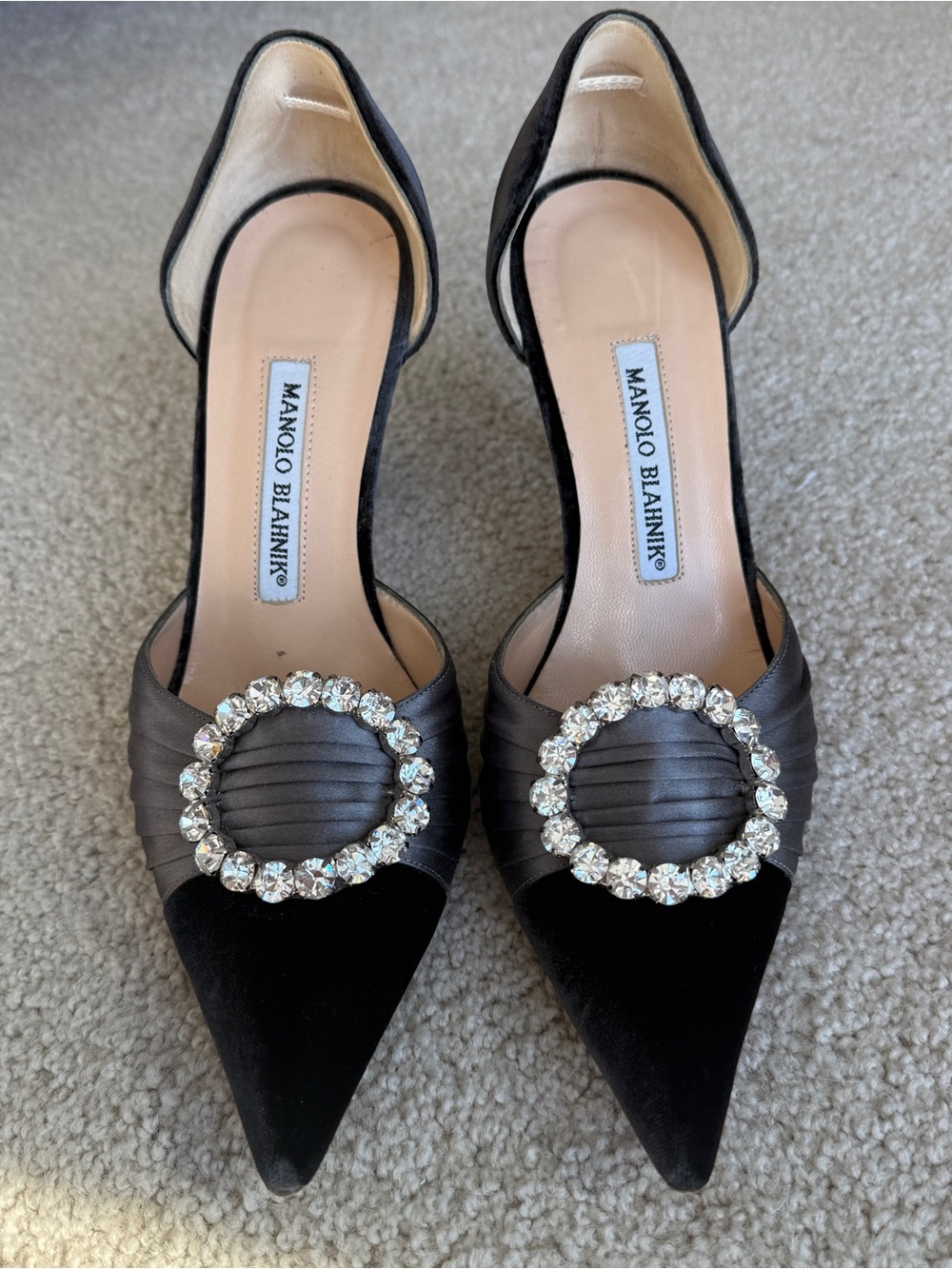 Manolo Blahnik Crystal Buckle D’Orsay Pumps Black Satin Velvet Y2K Heels 36.5
